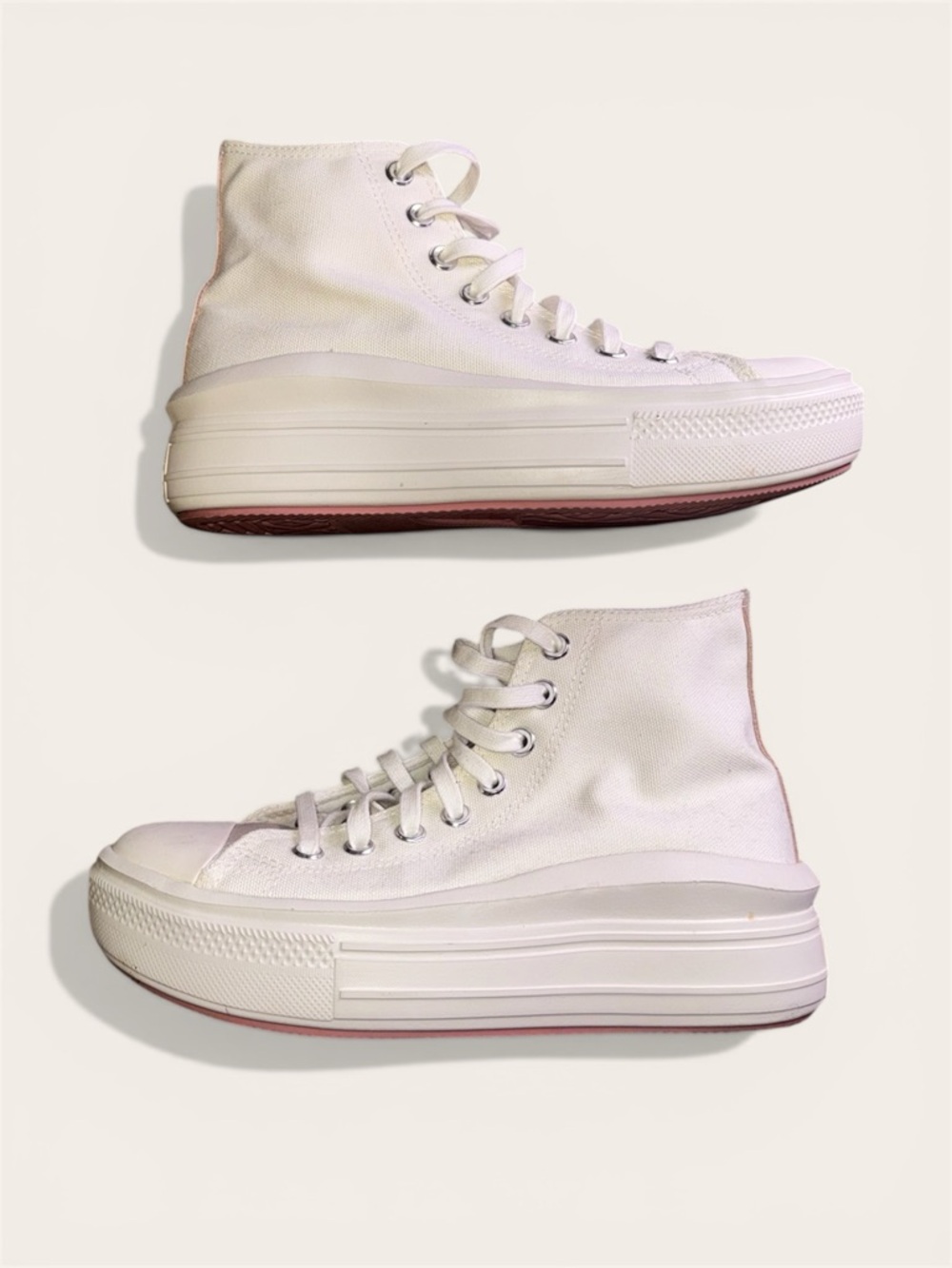 Converse High-Top Canvas Sneakers in Off-White With Pink Leather Tongue Size 8W